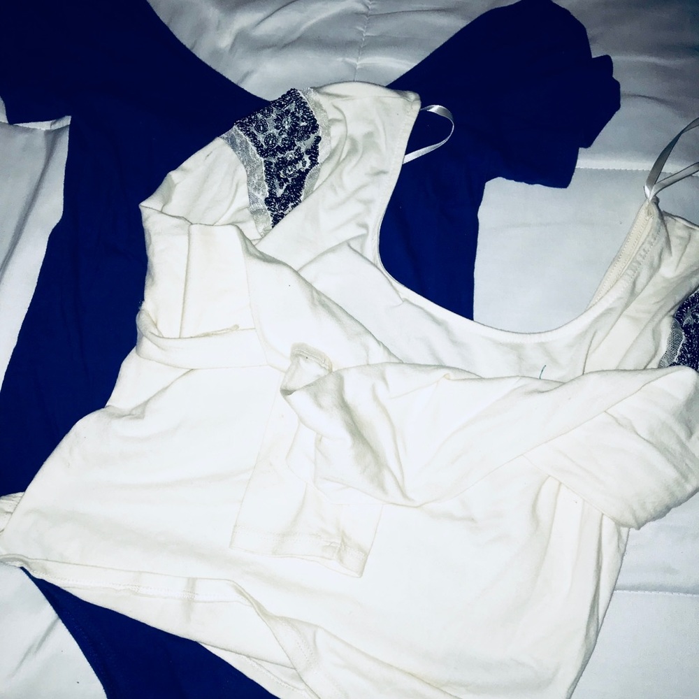 White crop top and royal blue body suit